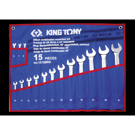 KING TONY Profi-Werkzeuge - Ring-Maulschlüssel-Set 75°, abgewinkelt, metrisch - 15 tlg. 1275MRN
