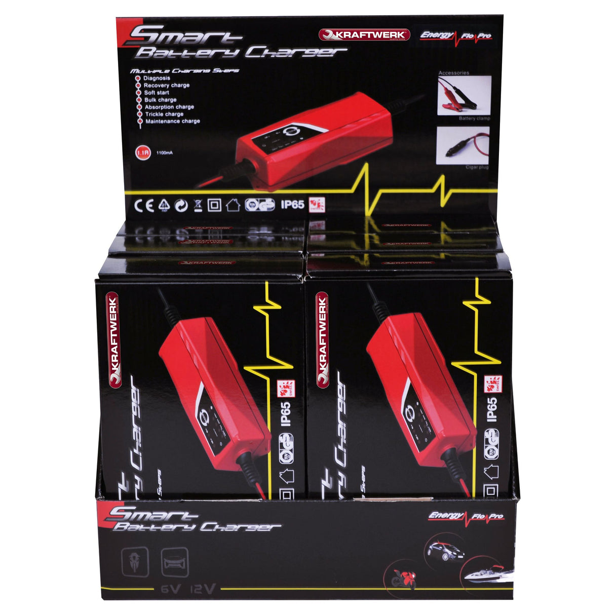 Kraftwerk Batterie-Ladegerät 6 / 12 V, Verkaufsdisplay mit 6 Stk