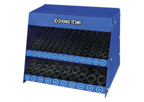 KING TONY socket organizer rack with numbered slots for metric sockets – durable workshop tool storage solution available at Tools.de