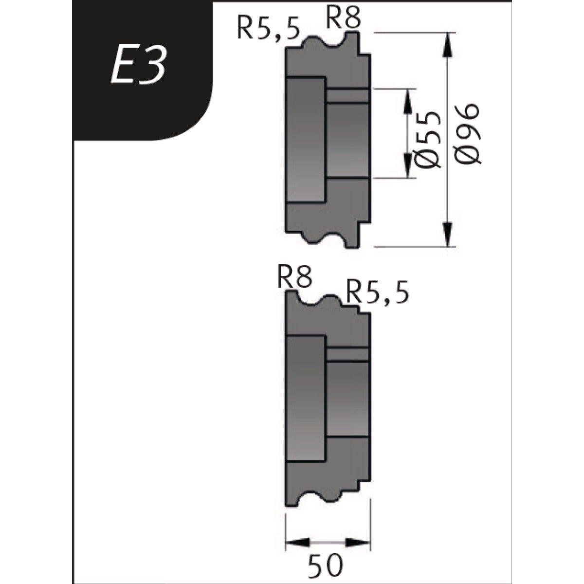 Metallkraft Biegerollensatz Typ E3, Ø 96 x 55 x 50 mm, R 5,5+8 / 8+5,5 mm - Art. 3880713