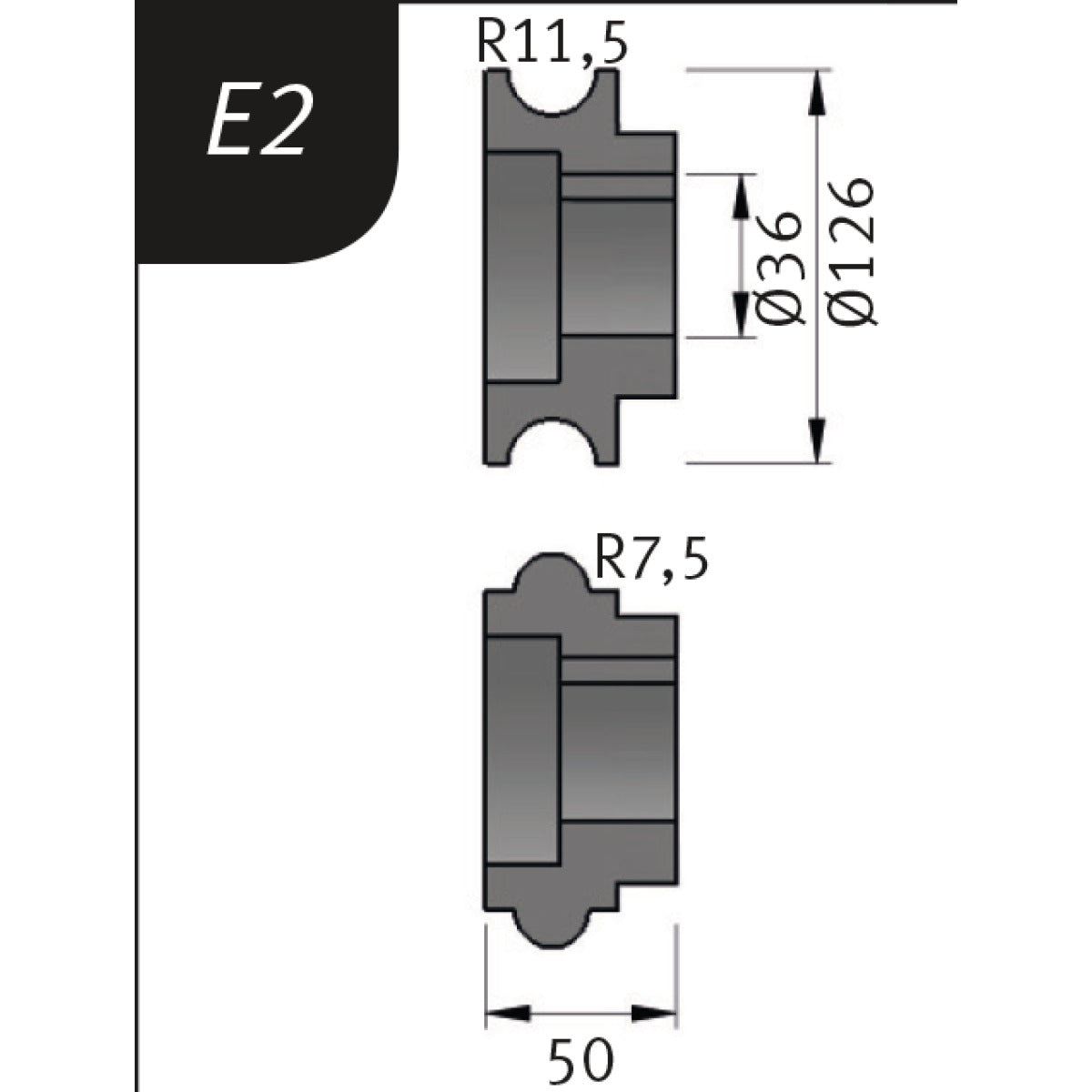 Metallkraft Biegerollensatz Typ E2, Ø 126 x 36 x 50 mm, R 11,5 / 7,5 mm - Art. 3880722