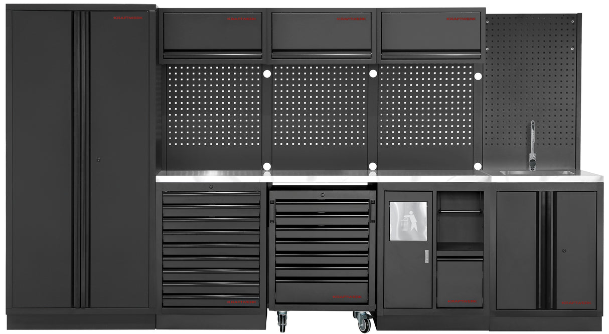 Kraftwerk Mobilio Werkstatteinrichtung, Werkbank SANITORY Black Edition 4er Kombi mit 9 Schubladen, 4 Schränken, Unterschrank-Werkstattwagen