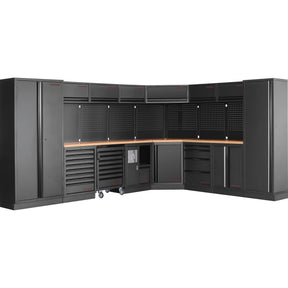 Tools.de black modular corner garage cabinet system with tall lockers, drawers, pegboards, and wooden worktop for workshop storage.