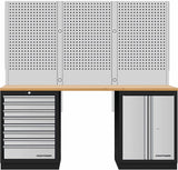 Kraftwerk Mobilio Werkstatteinrichtung, Werkbank 2er Unterschrank-Kombi, 8 Schubladen, 1 Schrank, Vierkant-Lochwand, Arbeitsplatte Buche Multiplex