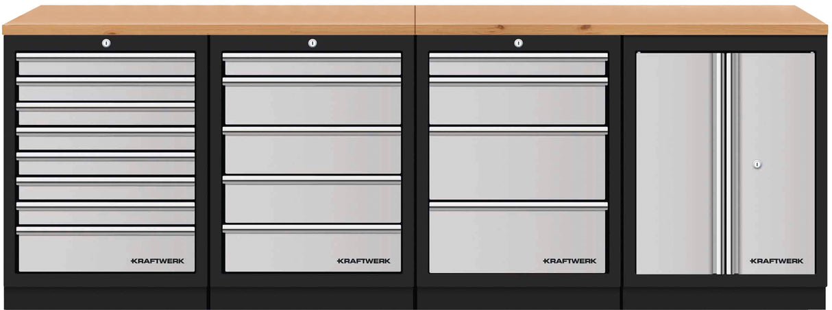 Kraftwerk Mobilio Werkstatteinrichtung, Werkbank 4er Unterschrank-Kombi, 17 Schubladen, 1 Schrank, Arbeitsplatte Buche Multiplex, Tiefe 721 mm