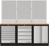 Kraftwerk Mobilio Werkstatteinrichtung, Werkbank 3er Kombi, 13 Schubladen, 1 Schrank, Vierkant-Lochwand, Arbeitsplatte Buche Multiplex
