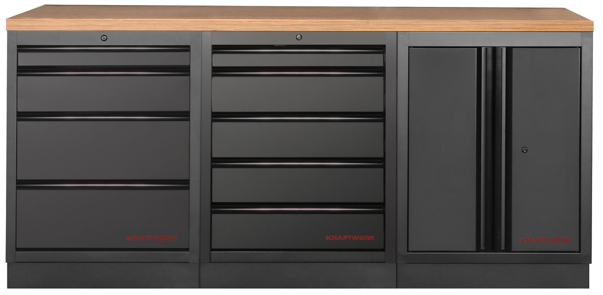 Kraftwerk Mobilio Werkstatteinrichtung, Werkbank Black Edition 3er Unterschrank-Kombi, 9 Schubladen, 1 Schrank, Arbeitsplatte Buche Multiplex