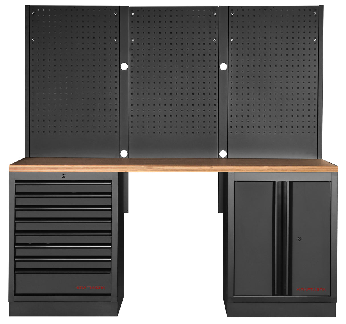 Kraftwerk Mobilio Werkstatteinrichtung, Werkbank Black Edition 2er Unterschrank-Kombi, 8 Schubladen, 1 Schrank, Vierkant-Lochwand, Arbeitsplatte Buche Multiplex