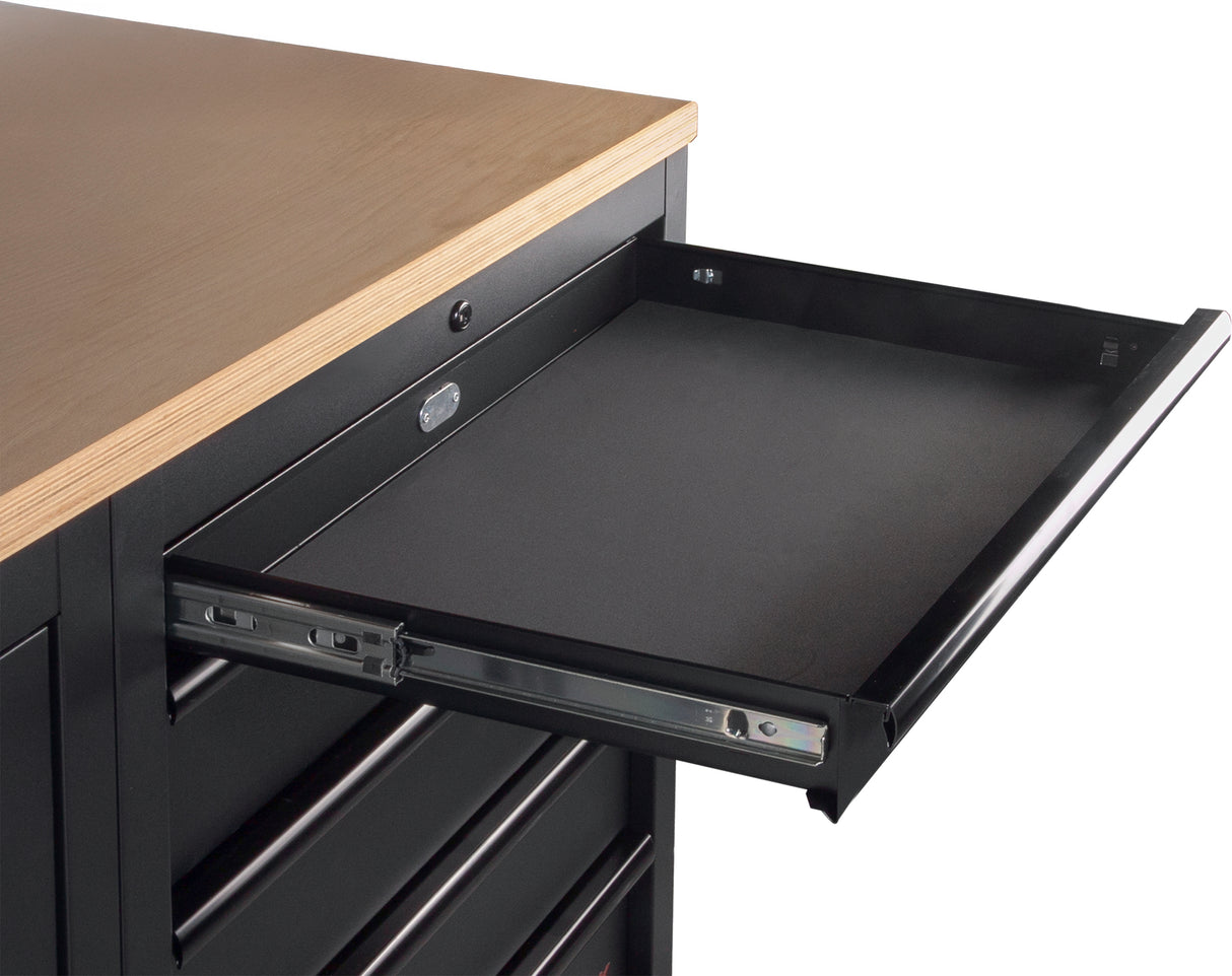 Kraftwerk Mobilio Werkstatteinrichtung, Werkbank Black Edition 4er Unterschrank-Kombi, 17 Schubladen, 1 Schrank, Arbeitsplatte Buche Multiplex, Tiefe 721 mm