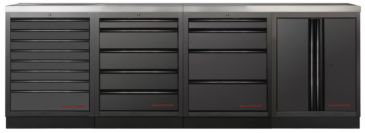 Kraftwerk Mobilio Werkstatteinrichtung, Werkbank Black Edition 4er Unterschrank-Kombi, 17 Schubladen, 1 Schrank, Arbeitsplatte Edelstahl
