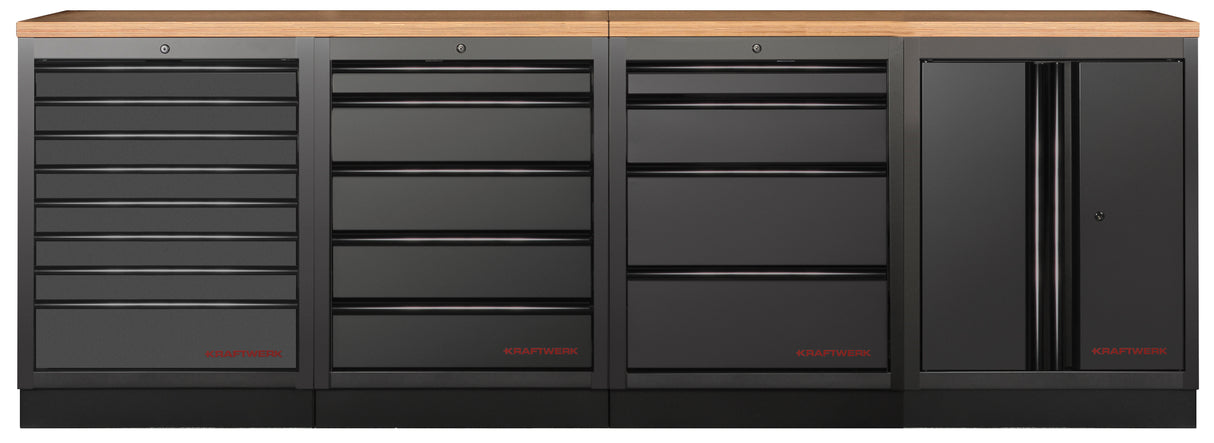 Kraftwerk Mobilio Werkstatteinrichtung, Werkbank Black Edition 4er Unterschrank-Kombi, 17 Schubladen, 1 Schrank, Arbeitsplatte Buche Multiplex
