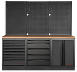 Kraftwerk Mobilio Werkstatteinrichtung, Werkbank Black Edition 3er Kombi, 13 Schubladen, 1 Schrank, Vierkant-Lochwand, Arbeitsplatte Buche Multiplex