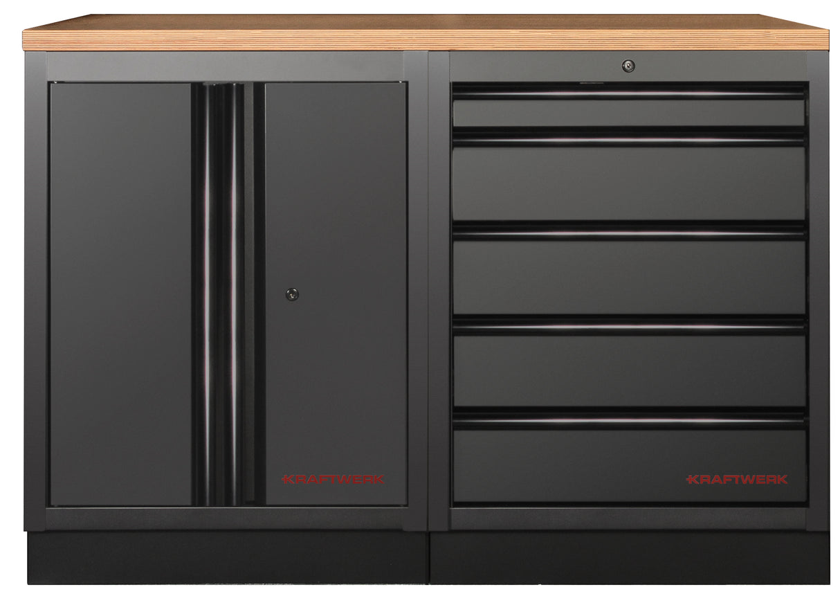 Kraftwerk Mobilio Werkstatteinrichtung, Werkbank Black Edition 2er Unterschrank-Kombi, 5 Schubladen, 1 Schrank, Arbeitsplatte Buche Multiplex