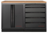 Kraftwerk Mobilio Werkstatteinrichtung, Werkbank Black Edition 2er Unterschrank-Kombi, 5 Schubladen, 1 Schrank, Arbeitsplatte Buche Multiplex