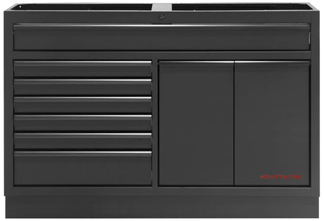 Kraftwerk Mobilio Werkstatteinrichtung, Werkbank Black Edition 2er Kombi breit mit 7 Schubladen, 2 Auszügen, 3 Schränke, Vierkant-Lochwand, Arbeitsplatte Edelstahl