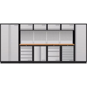 Mobilio 6-piece combi workshop trolley with 2 tall cabinets and stainless steel finish, featuring multiple drawers and ample storage capacity, shown on tools.de