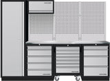 Kraftwerk Mobilio Werkstatteinrichtung, Werkbank 4er Kombi, 9 Schubladen, Schränke, Unterschrank-Werkstattwagen, Vierkant-Lochwand, Arbeitsplatte Edelstahl