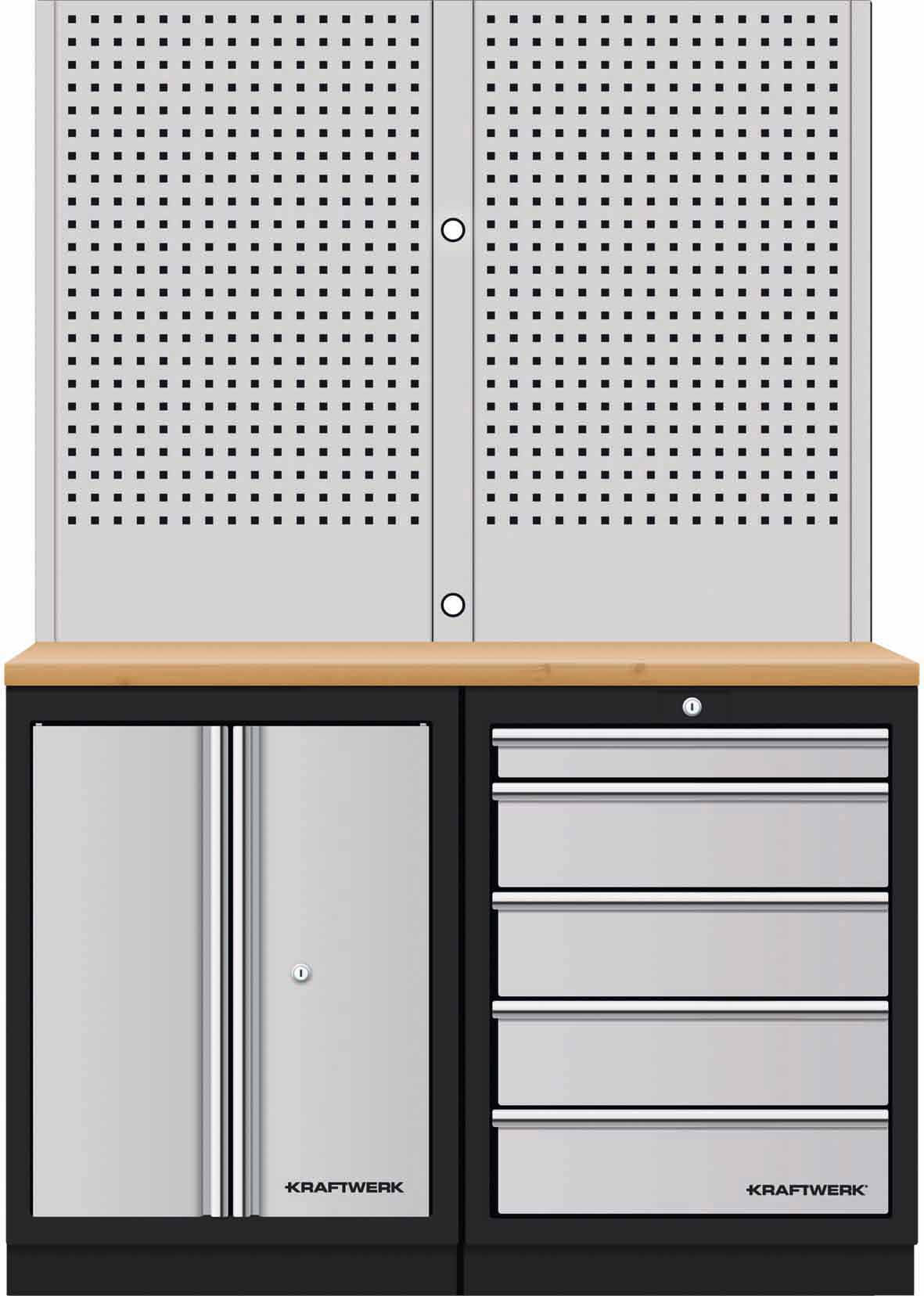 Kraftwerk Mobilio Werkstatteinrichtung, Werkbank 2er Unterschrank-Kombi, 5 Schubladen, 1 Schrank, Vierkant-Lochwand, Arbeitsplatte Buche Multiplex