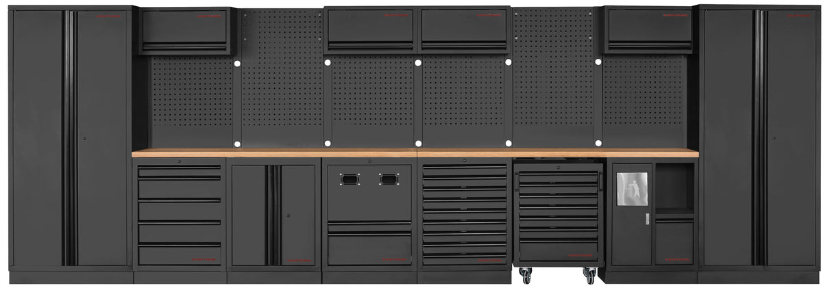 Kraftwerk Mobilio Werkstatteinrichtung, Werkbank Black Edition 8er Kombi, 14 Schubladen, 7 Schränke, Unterschrank-Rollwagen, Kabel- und