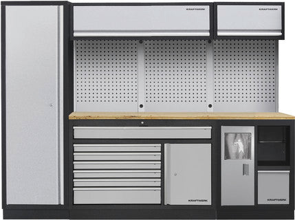 Kraftwerk MOBILIO 3er Kombi breit – Werkstattsystem mit Buche-Arbeitsplatte, Lochwand & Abfallmodul - KW-3964S-001