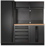 Kraftwerk Mobilio Werkstatteinrichtung, Werkbank Black Edition 3er Kombi mit 5 Schubladen, 4 Schränken, Vierkant-Lochwand, Arbeitsplatte Buche Multiplex, Tiefe 721 mm