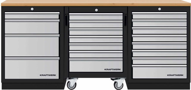 Kraftwerk Mobilio Werkstatteinrichtung, Werkbank 3er Unterschrank-Kombi, 12 Schubladen, Unterschrankrollwagen, Arbeitsplatte Buche Multiplex