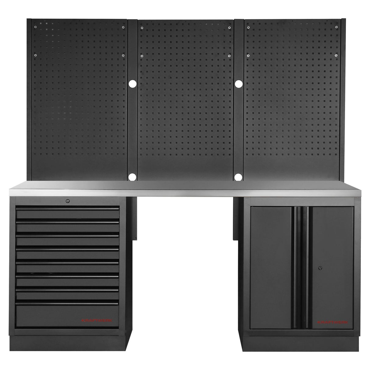 Kraftwerk Mobilio Werkstatteinrichtung, Werkbank Black Edition 2er Unterschrank-Kombi, 8 Schubladen, 1 Schrank, Vierkant-Lochwand, Arbeitsplatte