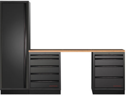 Kraftwerk Mobilio Werkstatteinrichtung, Werkbank Black Edition 3er Schrank-Kombi, 9 Schubladen, 1 Hochschrank, Arbeitsplatte Buche Multiplex