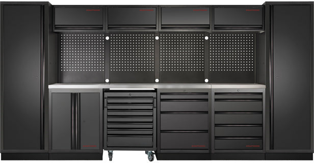 Kraftwerk Mobilio Werkstatteinrichtung, Werkbank Black Edition 6er Kombi, 9 Schubladen, 7 Schränke, Unterschrank-Werkstattwagen, Vierkant-Lochwand