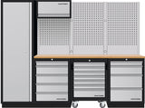 Kraftwerk Mobilio Werkstatteinrichtung, Werkbank 4er Kombi, 9 Schubladen, Schränke, Unterschrank-Werkstattwagen, Vierkant-Lochwand, Arbeitsplatte Buche Multiplex