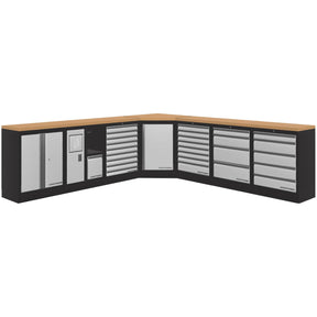 L-shaped workshop cabinet set with wooden worktop and metal tool storage drawers, professional garage organization solution from Tools.de