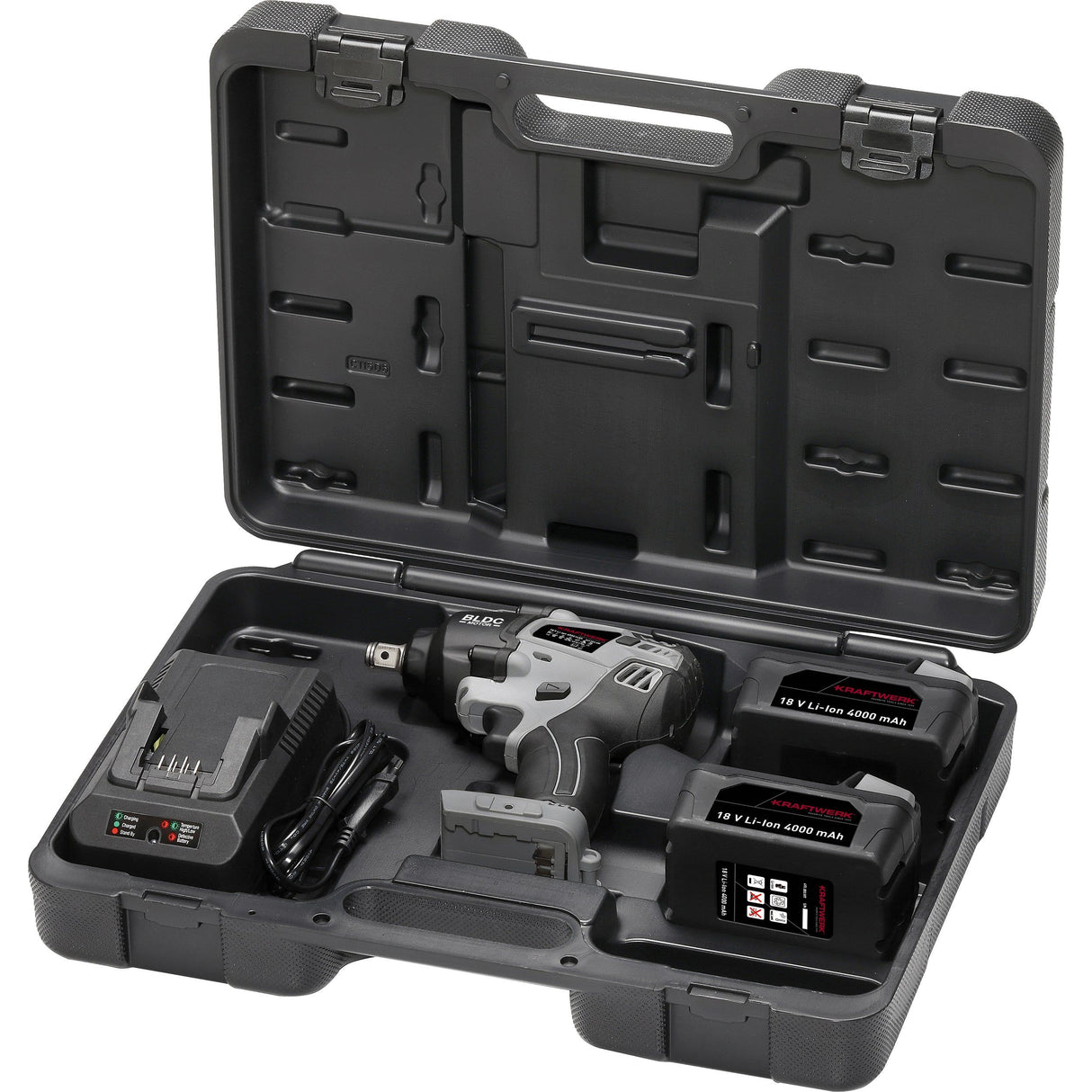 Kraftwerk 1/2" Akku Schlag-Maschinenschrauber Set, bürstenlos, 18V, 2 x 4 Ah Akku, Ladegerät, 800 Nm