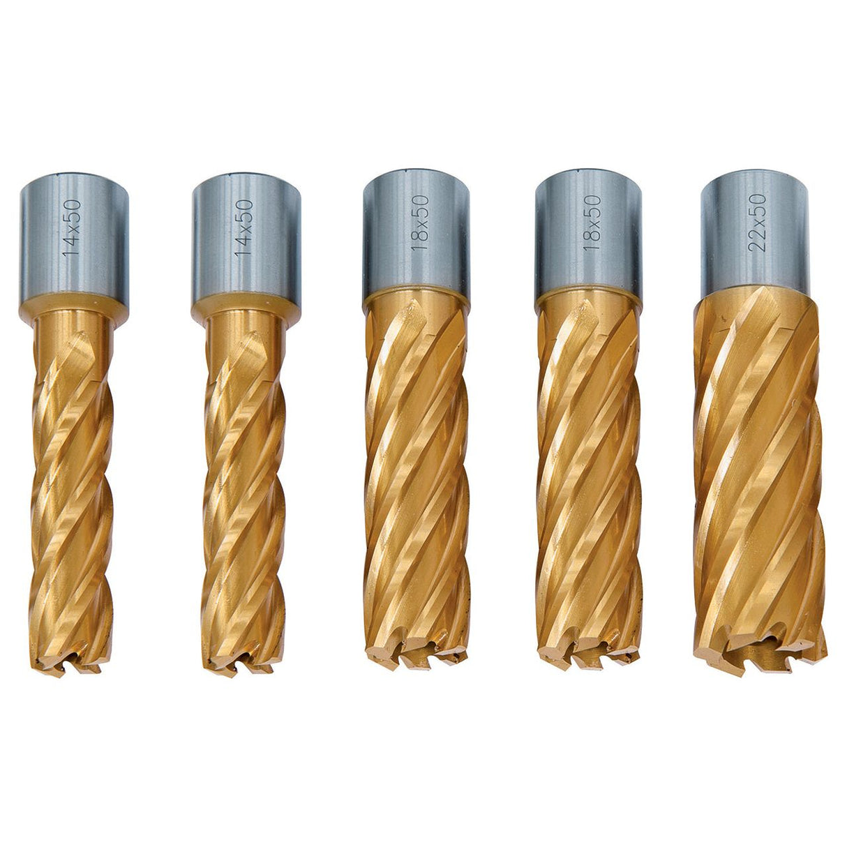 BERNARDO Zubehör Magnet-Kernbohrmaschine – Modell HSS-Kernbohrer CDL, TiN-beschichtet, 14/18/22 mm, Bohrtiefe 50 mm, 5 tlg.
