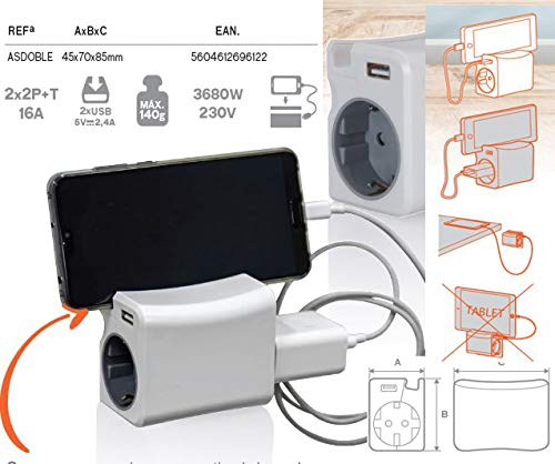 ASLO Mehrfachstecker 2x Steckdose USB-Ladestecker, 2x USB 3-in-1 Steckdosenadapter