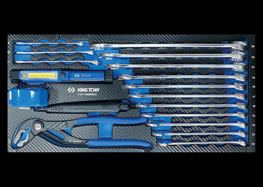 KING TONY Profi-Werkzeuge - Ringmaulschlüssel, Zangen, Messer, Lampe und Rollbandmass - 18tlg 991118MRE2