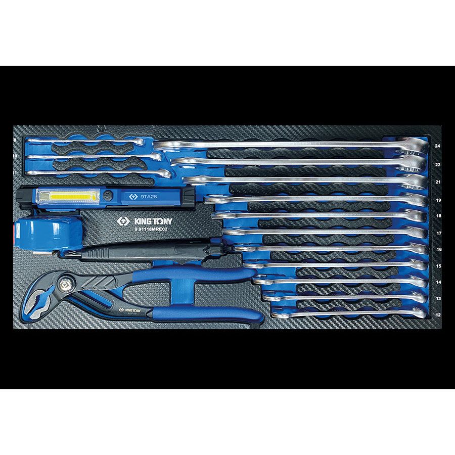 KING TONY Profi-Werkzeuge - Ringmaulschlüssel, Zangen, Messer, Lampe und Rollbandmass - 18tlg 991118MRE2