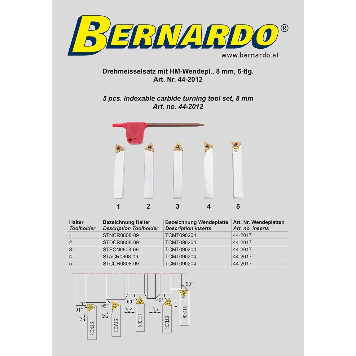 BERNARDO Drehmeisselsätze – Modell Drehmeißelsatz mit HM-Wendeplatte, 8 mm, 5-tlg.