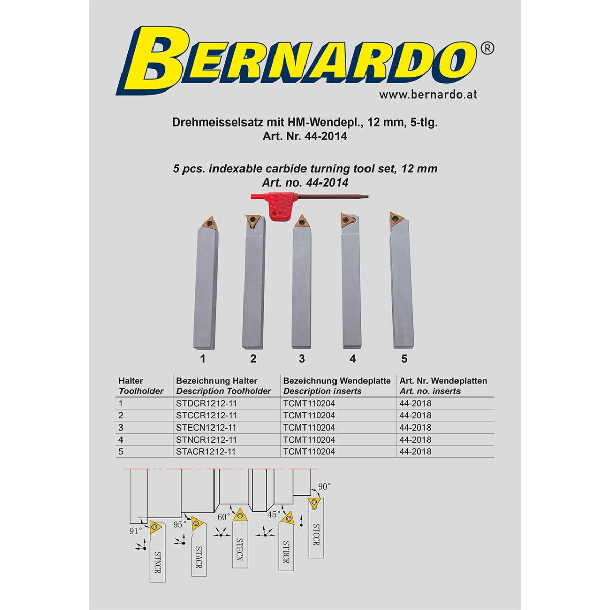 BERNARDO Drehmeisselsätze – Modell Drehmeißelsatz mit HM-Wendeplatte, 12 mm, 5-tlg.