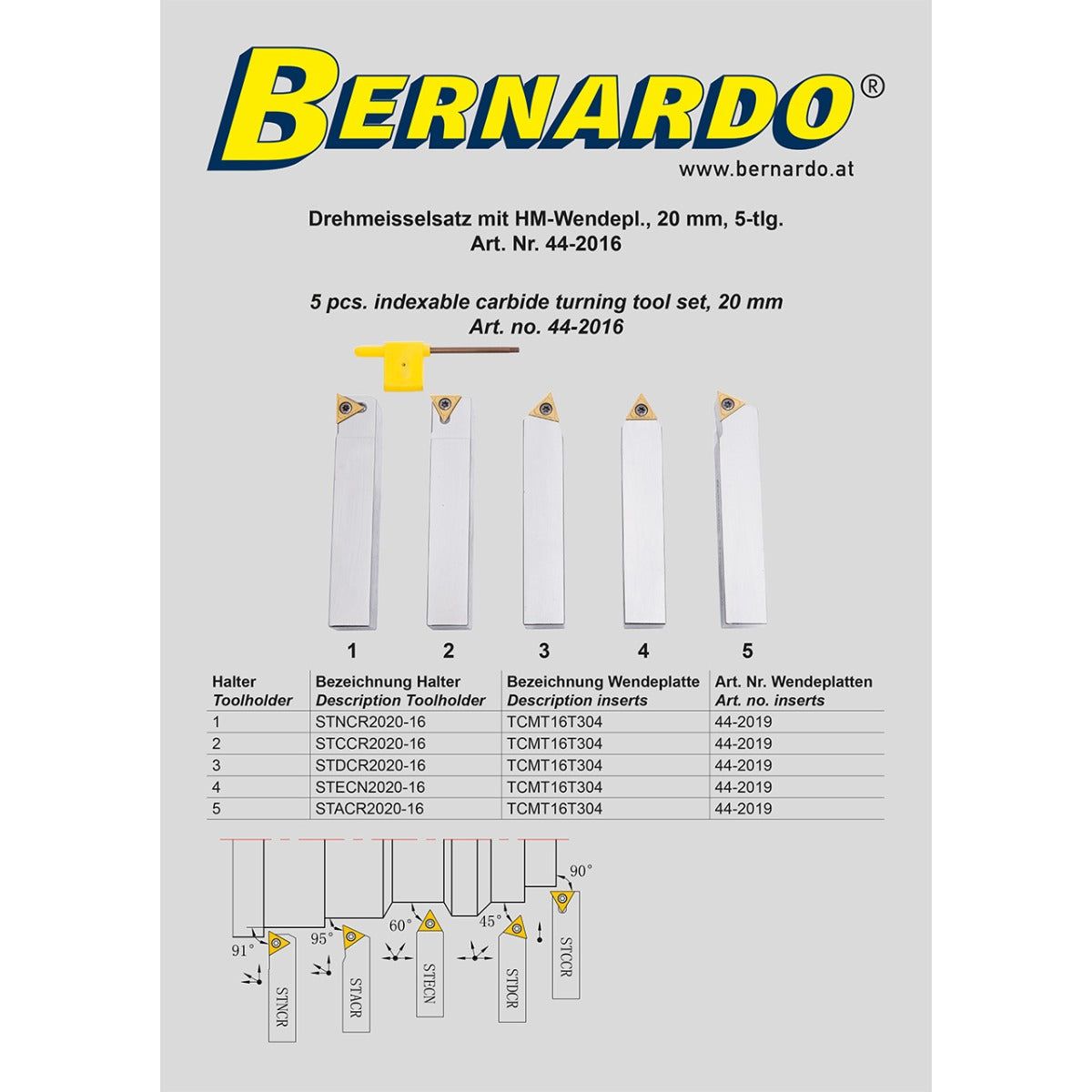 BERNARDO Drehmeisselsätze – Modell Drehmeißelsatz mit HM-Wendeplatte, 20 mm, 5-tlg.