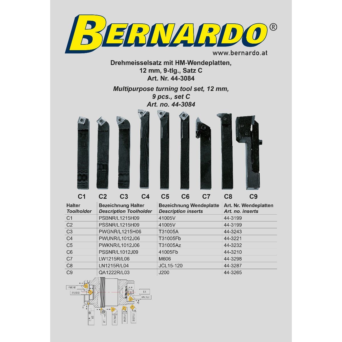BERNARDO Drehmeisselsätze – Modell Drehmeißelsatz mit HM-Wendeplatte, 12 mm, Satz C