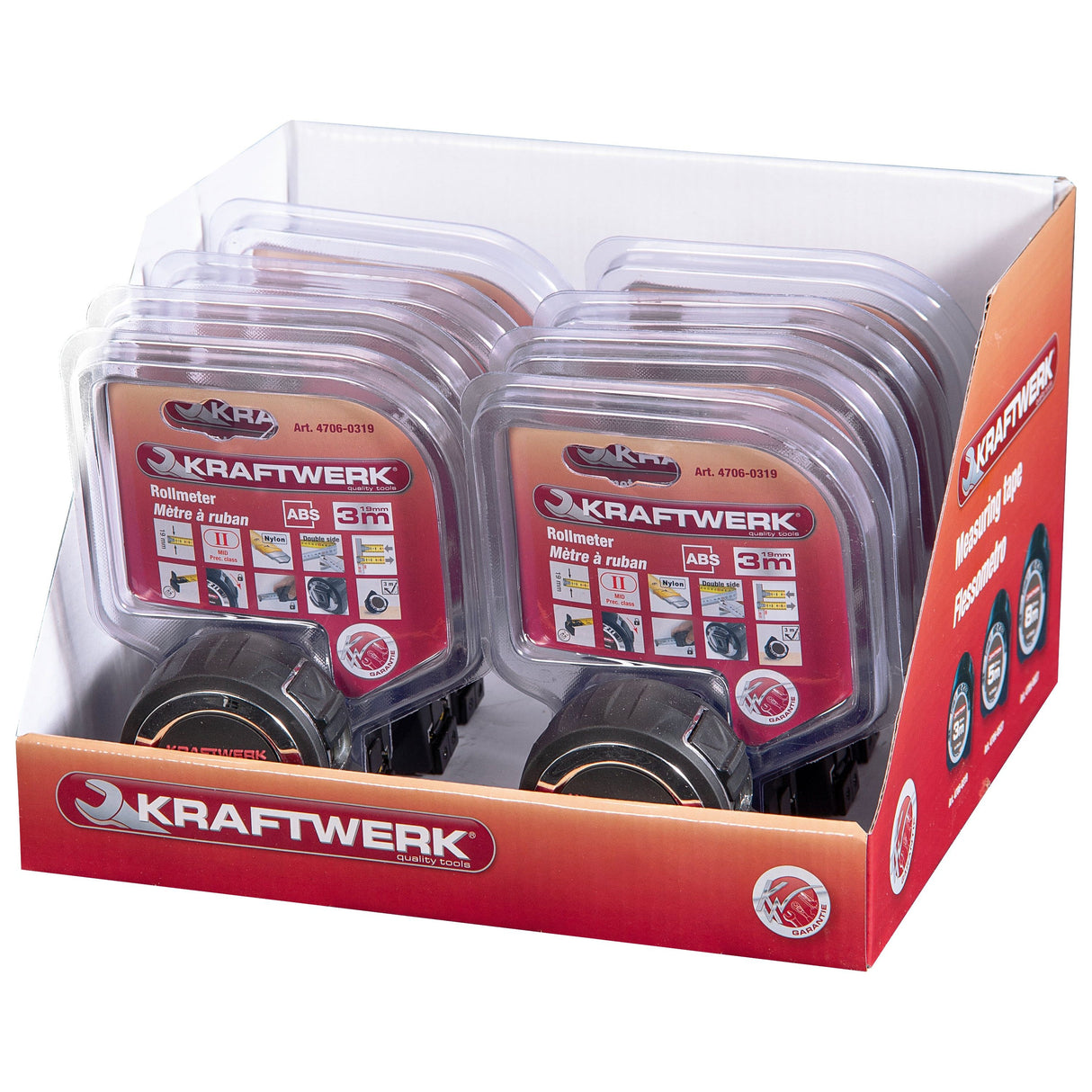 Kraftwerk PRO LINE Profi-Bandmass, magnetisch, 3 m, Verkaufsdisplay mit 8 Stk