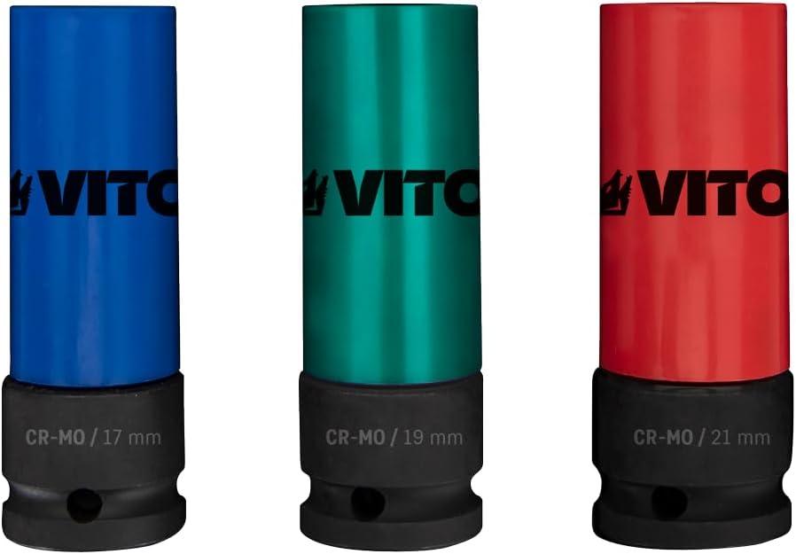 VITO Kraft-Steckschlüssel-Satz 3 Teile - Cr-Mo Stahl, Kraft-Schoneinsätze 3tlg für Alu-Felgen 17mm 19mm 21mm für Schlagschrauber, Schonnüsse, Impact Socket, 0,5 Zoll, im Werkzeugkoffer - Pro Power - VICI3MO - Tools.de TP Profishop GmbH