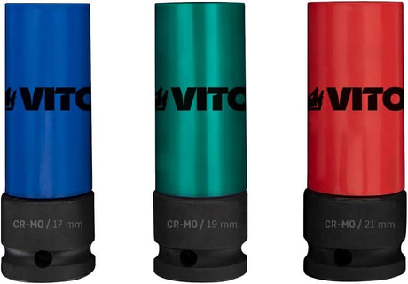 VITO Kraft-Steckschlüssel-Satz 3 Teile - Cr-Mo Stahl, Kraft-Schoneinsätze 3tlg für Alu-Felgen 17mm 19mm 21mm für Schlagschrauber, Schonnüsse, Impact Socket, 0,5 Zoll, im Werkzeugkoffer - Pro Power - VICI3MO - Tools.de TP Profishop GmbH