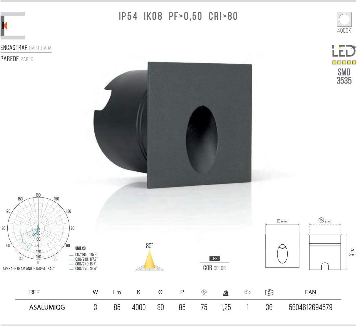 ASLO quadratische 3W Graphit-Wandeinbauleuchte IP65 LED Einbau Orientierungsleuchte für die Wand 4000K