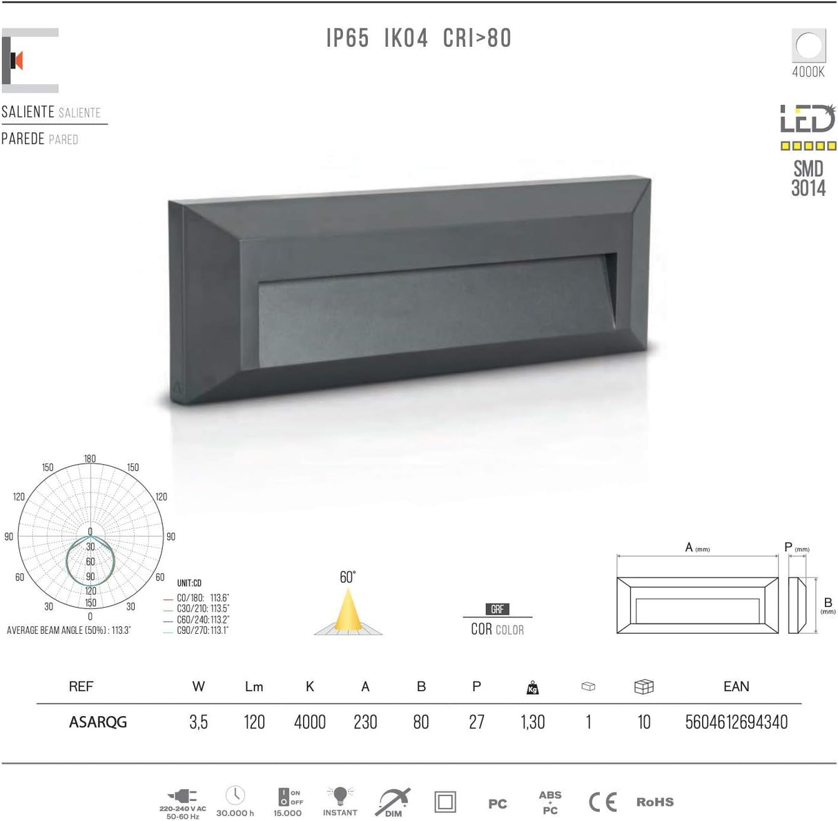 ASLO LED-Außenwandleuchte IP65, moderne Wandlampe in Anthrazit, Außenlampe 3.5 Watt, 120LM, 4000 Kelvin