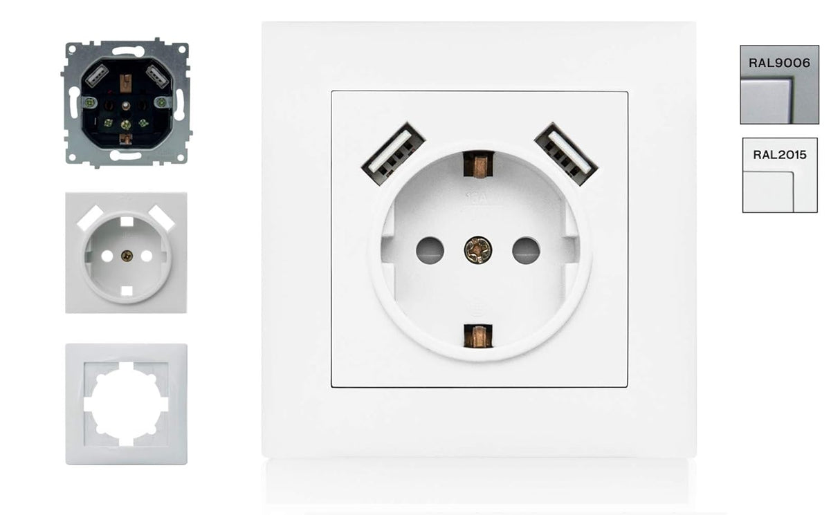 ASLO 230 V USB Schuko Steckdose mit 2 x USB Aluminium RAL 9006 - 10 Stück - ASE202023ALC - 12,95€/Stk.
