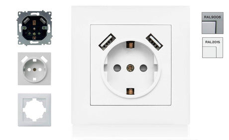 ASLO 230 V USB Schuko Steckdose mit 2 x USB Aluminium RAL 9006 - 10 Stück - ASE202023ALC - 12,95€/Stk.