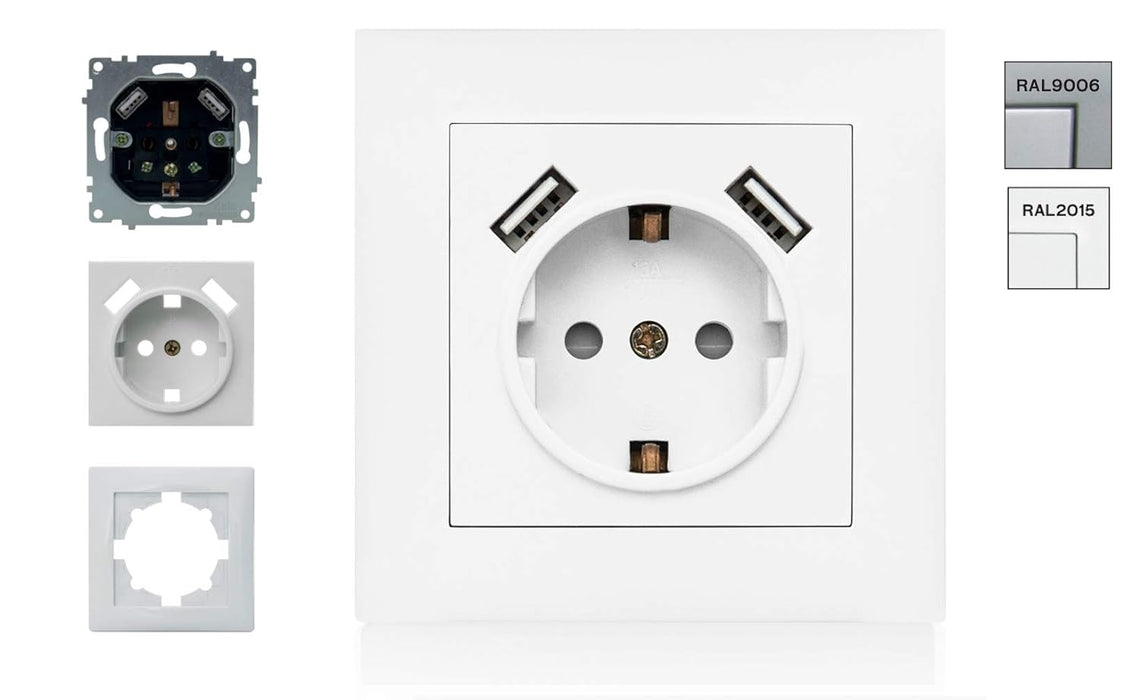 ASLO 230 V USB Schuko Steckdose mit 2 x USB Aluminium RAL 9006 - ASE202023ALC