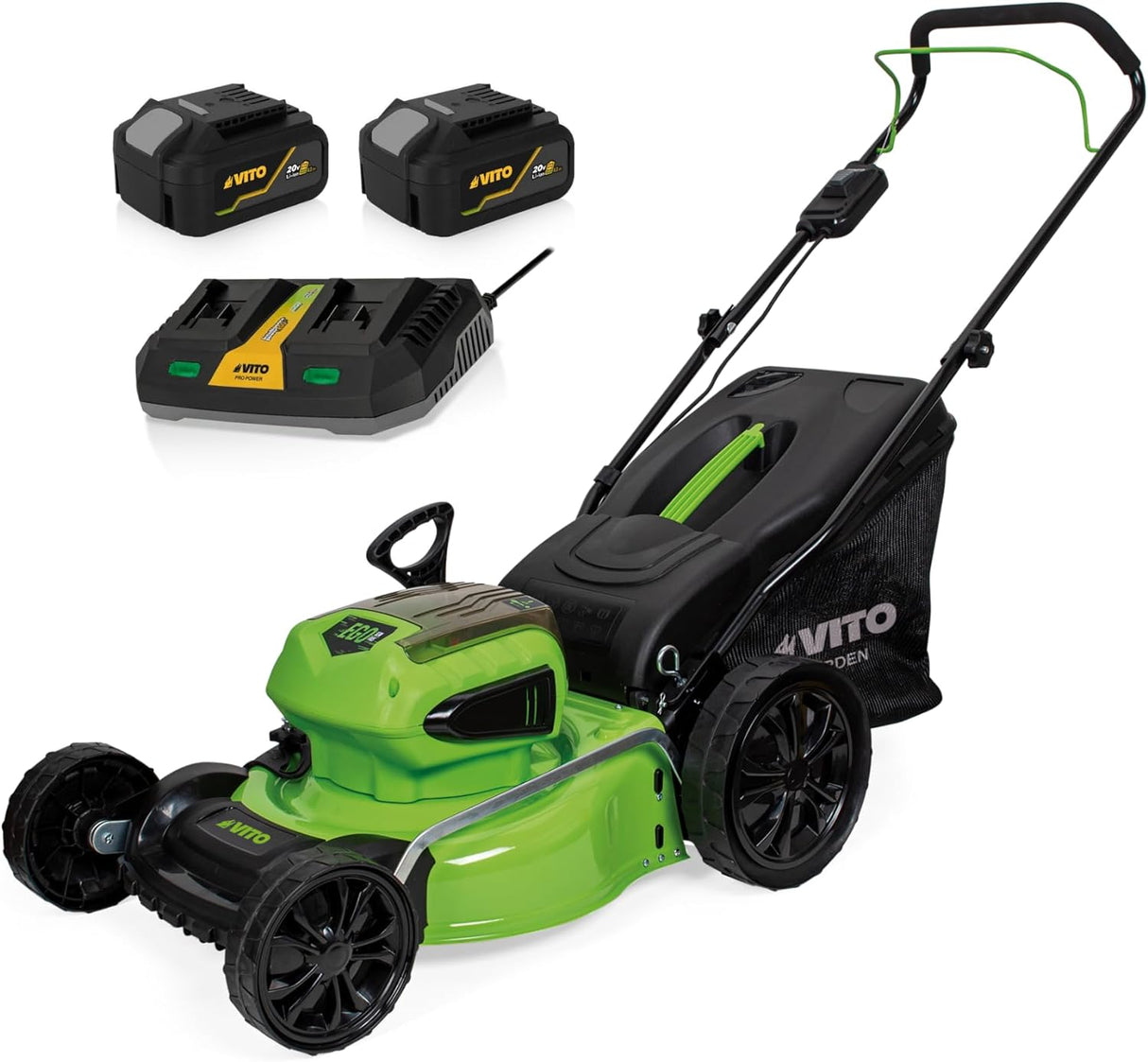 VITO Akku Rasenmäher 40V inkl. 2x 20V 4Ah Akkus und Ladegerät - bürstenloser Motor - 40L - VIBCMRSFL40SET