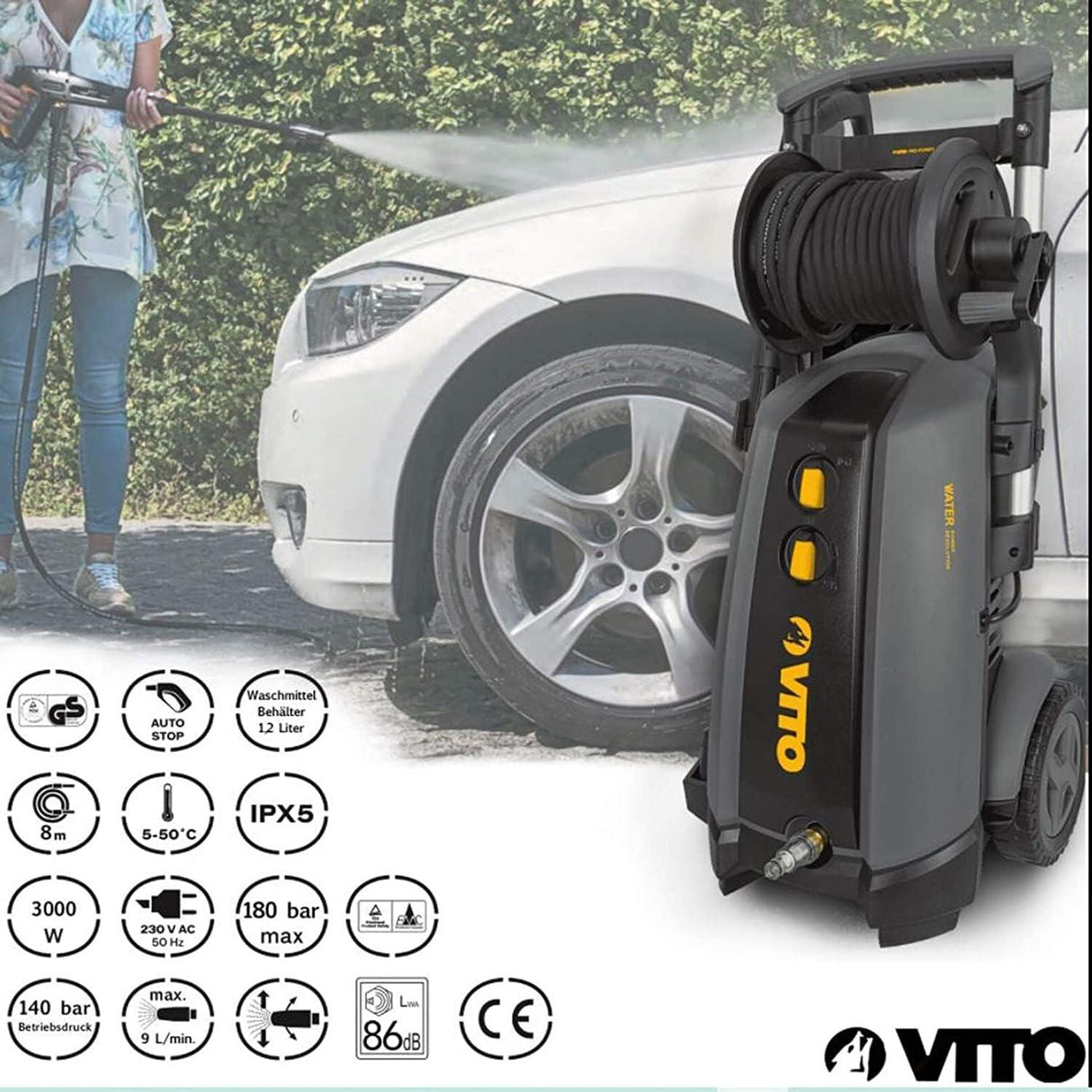 VITO Black Series Premium Hochdruckreiniger 180 bar - mit Wassertank, max. Druck 180 bar, max. Fördermenge 540 l/h, 3000W, Induktionsmotor, 8m Schlauch mit Trommel, Turbodüse - Pro Power - VIML180WR4 - Tools.de TP Profishop GmbH